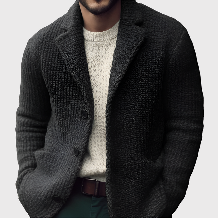 Comfortable men's knit blazer cardigan. A modern button-front layering piece for stylish casual and winter wear.