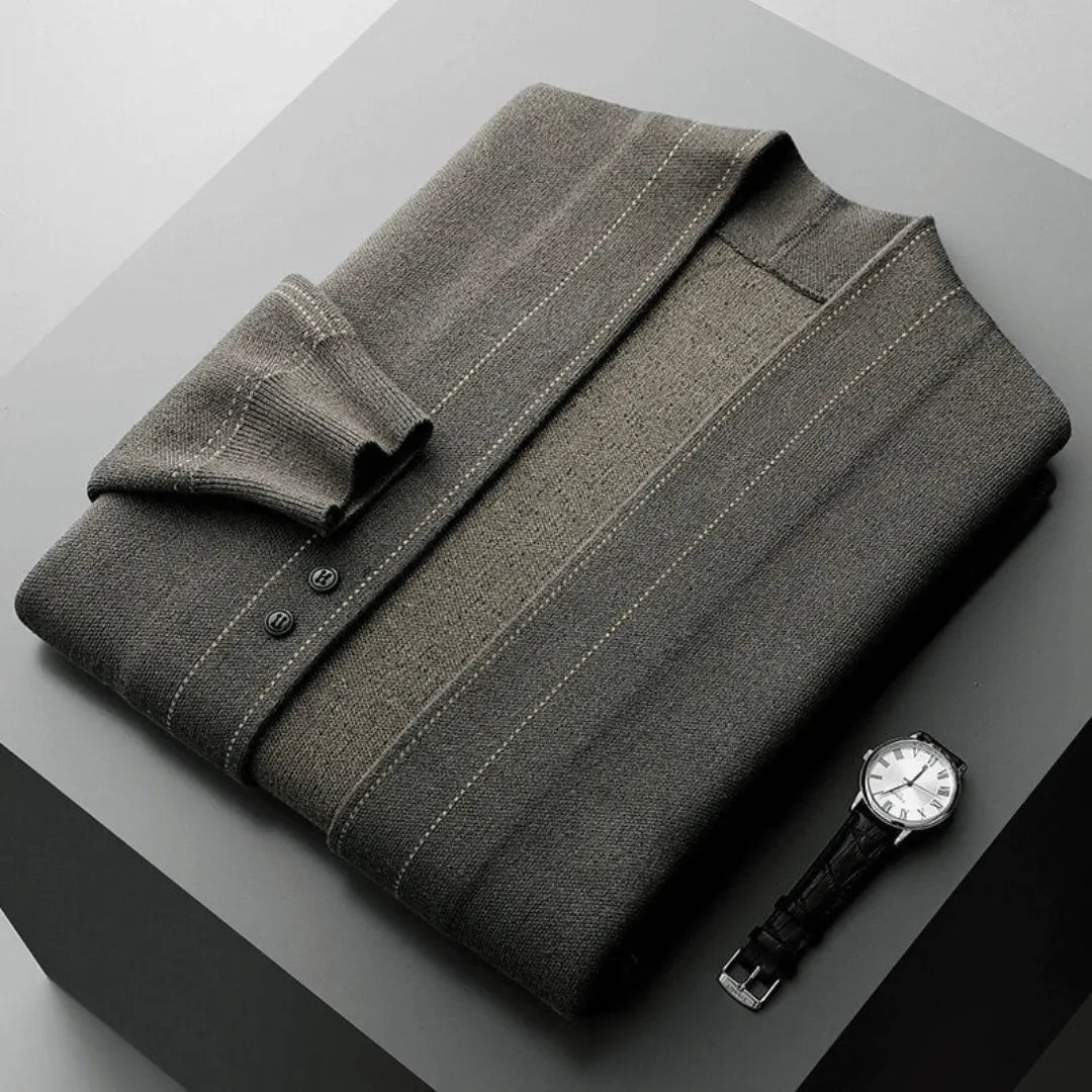 Stylish men's button-front knit cardigan, perfect for smart casual outfits and versatile layering.