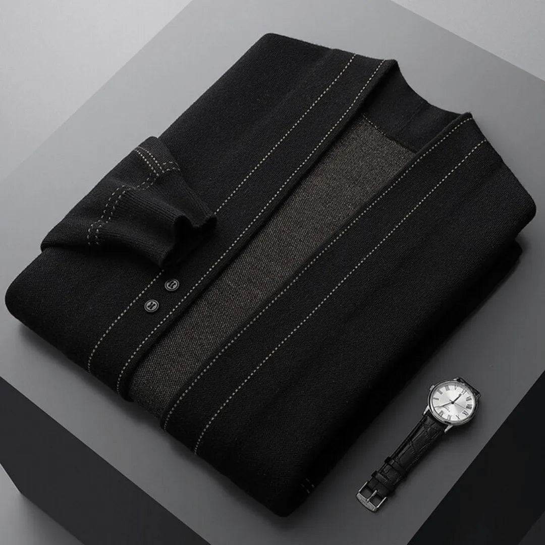 Man wearing a classic knit cardigan, demonstrating smart casual style and versatile men's fashion.