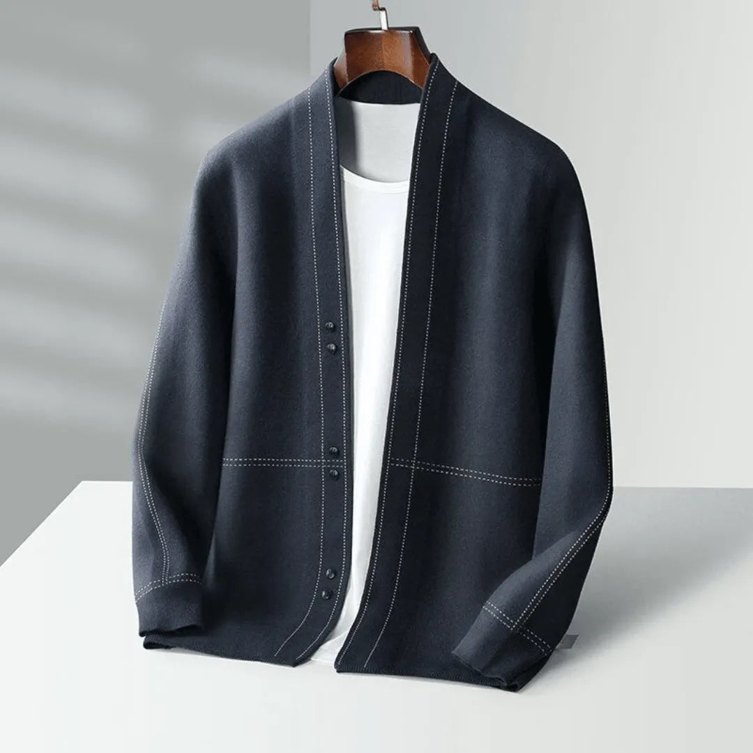 Detailed view of a men's knit cardigan, highlighting its texture, buttons, and quality construction.