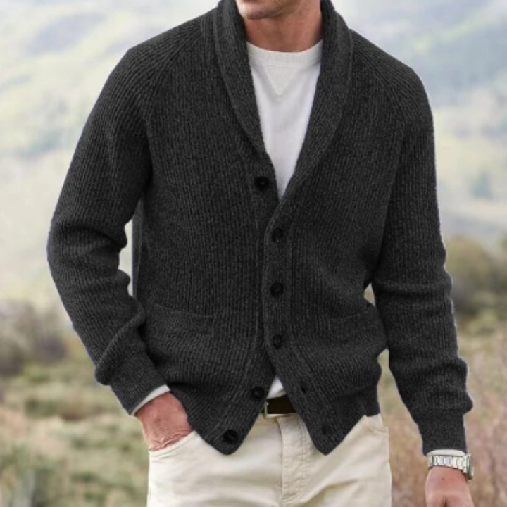 Stylish men's button-up knit cardigan. Shawl collar design, ideal layering piece for fall and winter fashion.