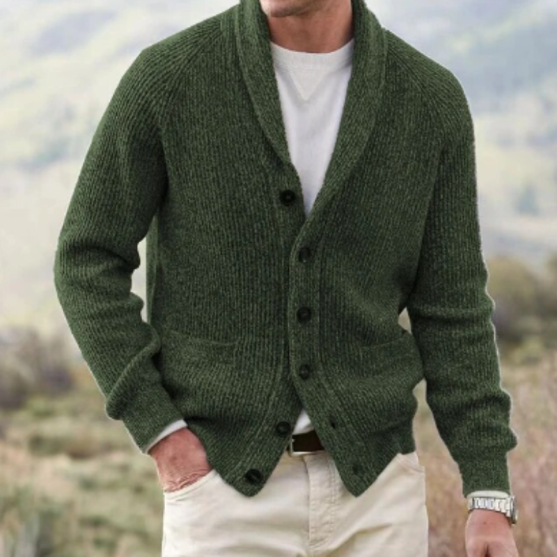 Comfortable men's knitwear cardigan. Shawl collar style, great for all occasions, adding warmth & fashion.