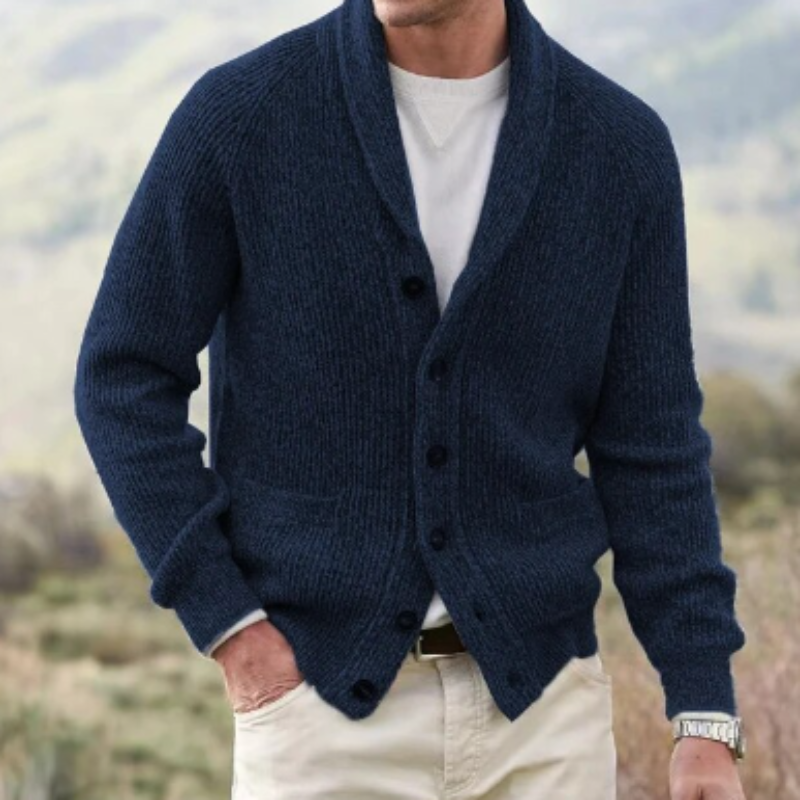 Classic men's knit cardigan with a sophisticated shawl collar. Versatile for smart casual or everyday style.