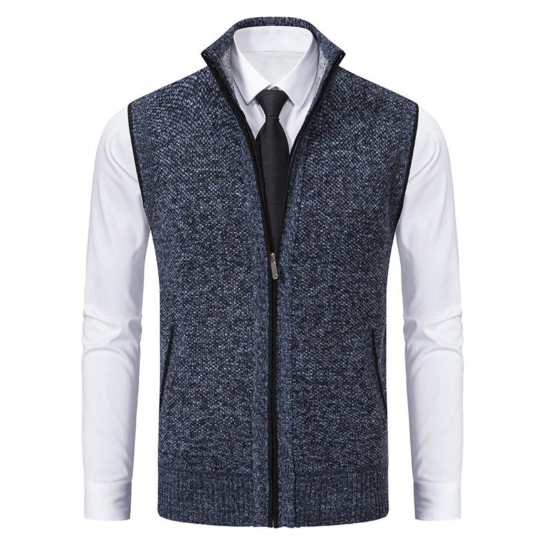 Stylish men's mock neck knit sweater vest with zip front, ideal for autumn/winter layering.
