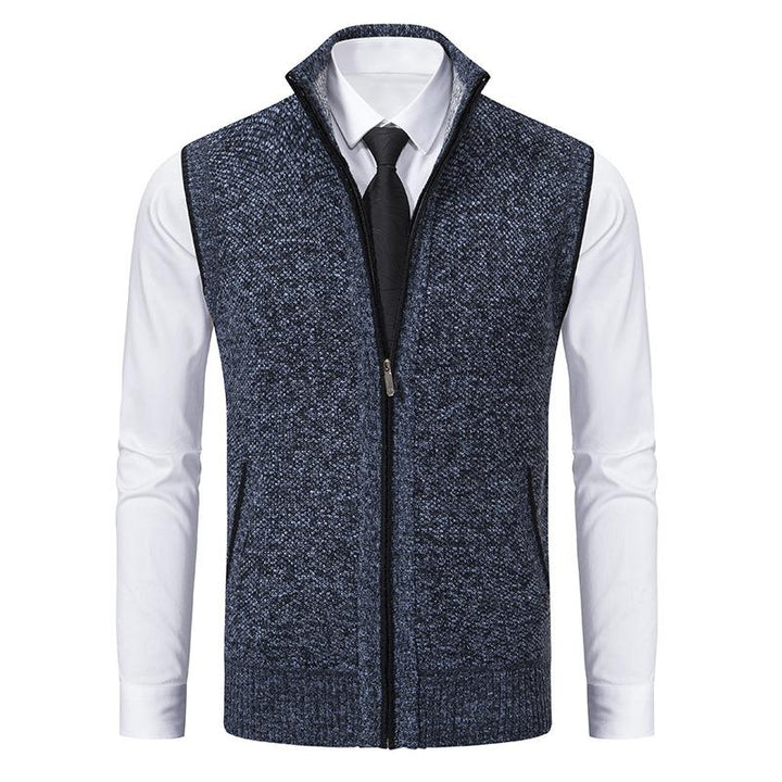 Stylish men's mock neck knit sweater vest with zip front, ideal for autumn/winter layering.