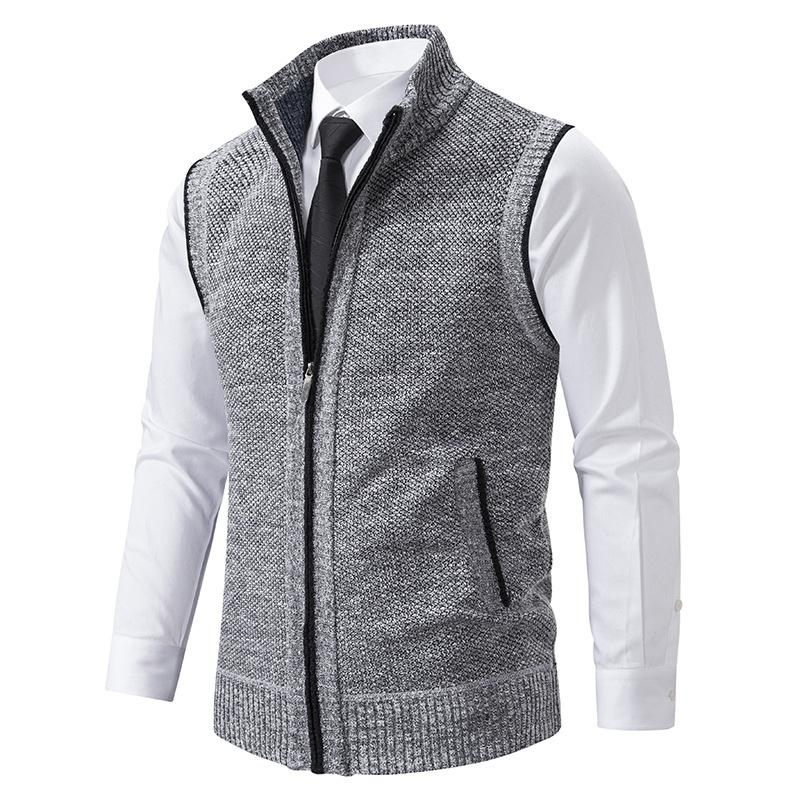 Soft knit men's sweater vest, mock neck gilet for comfortable layering. Essential for autumn & winter mens fashion.