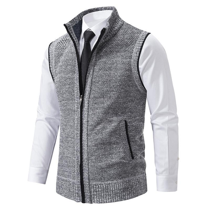 Soft knit men's sweater vest, mock neck gilet for comfortable layering. Essential for autumn & winter mens fashion.