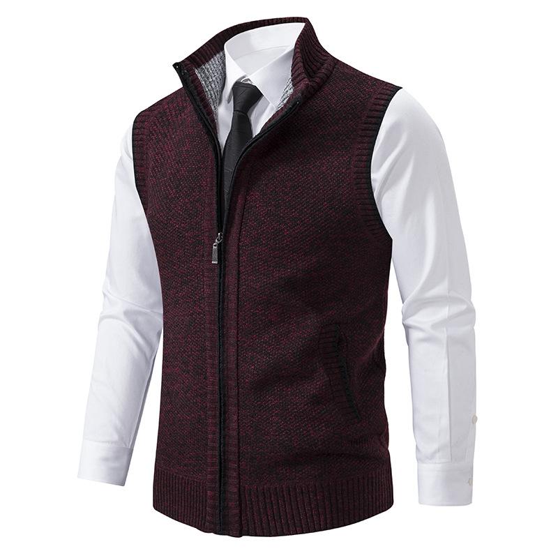 Zip front men's knit gilet mock neck sweater vest, perfect for adding warmth & style to autumn/winter layers.