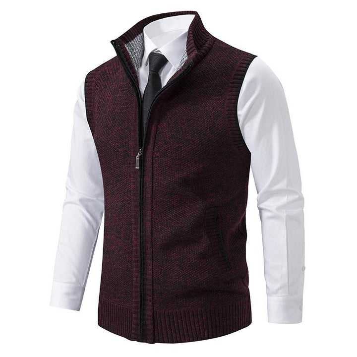 Zip front men's knit gilet mock neck sweater vest, perfect for adding warmth & style to autumn/winter layers.