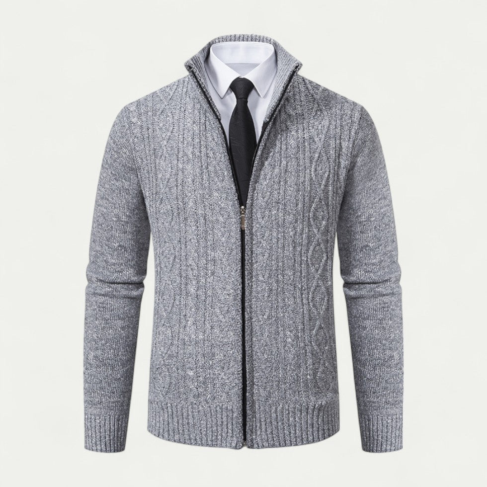 Men's knitted zip cardigan, a smart casual everyday layering piece for modern style.