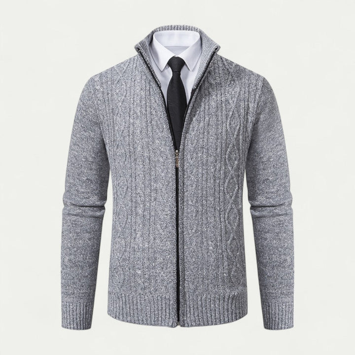 Men's knitted zip cardigan, a smart casual everyday layering piece for modern style.
