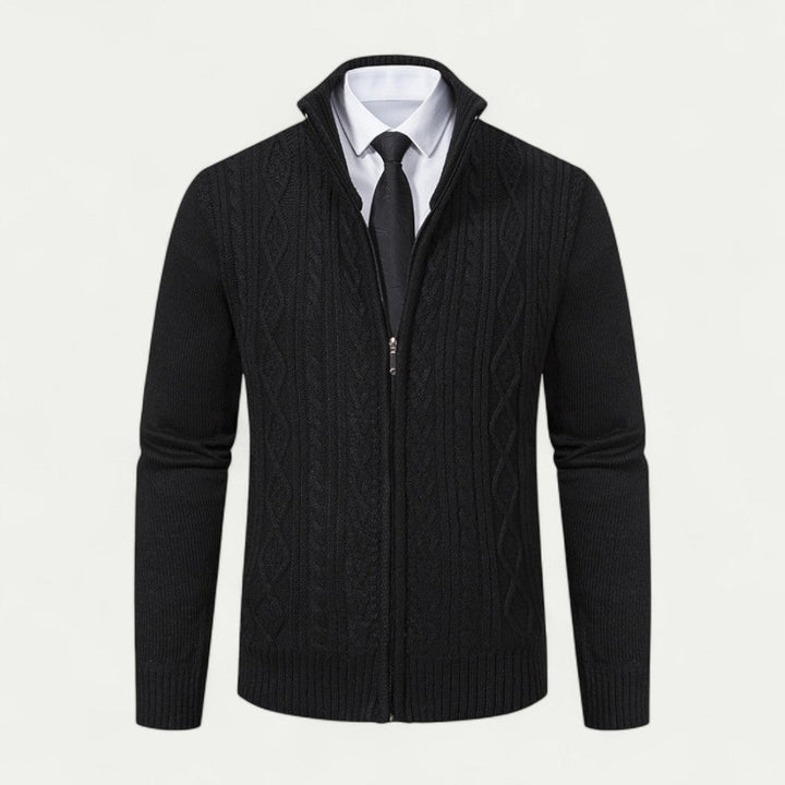 Cozy knitted men's zip cardigan, a comfortable & stylish fall fashion layer for smart casual looks.