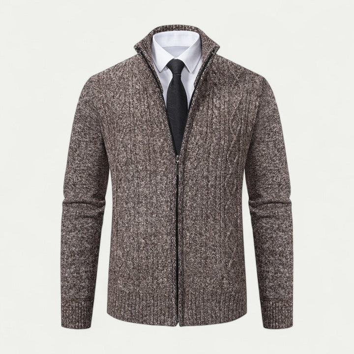 Comfortable men's zip-up knitted cardigan for everyday wear. Smart casual, versatile, and stylish.