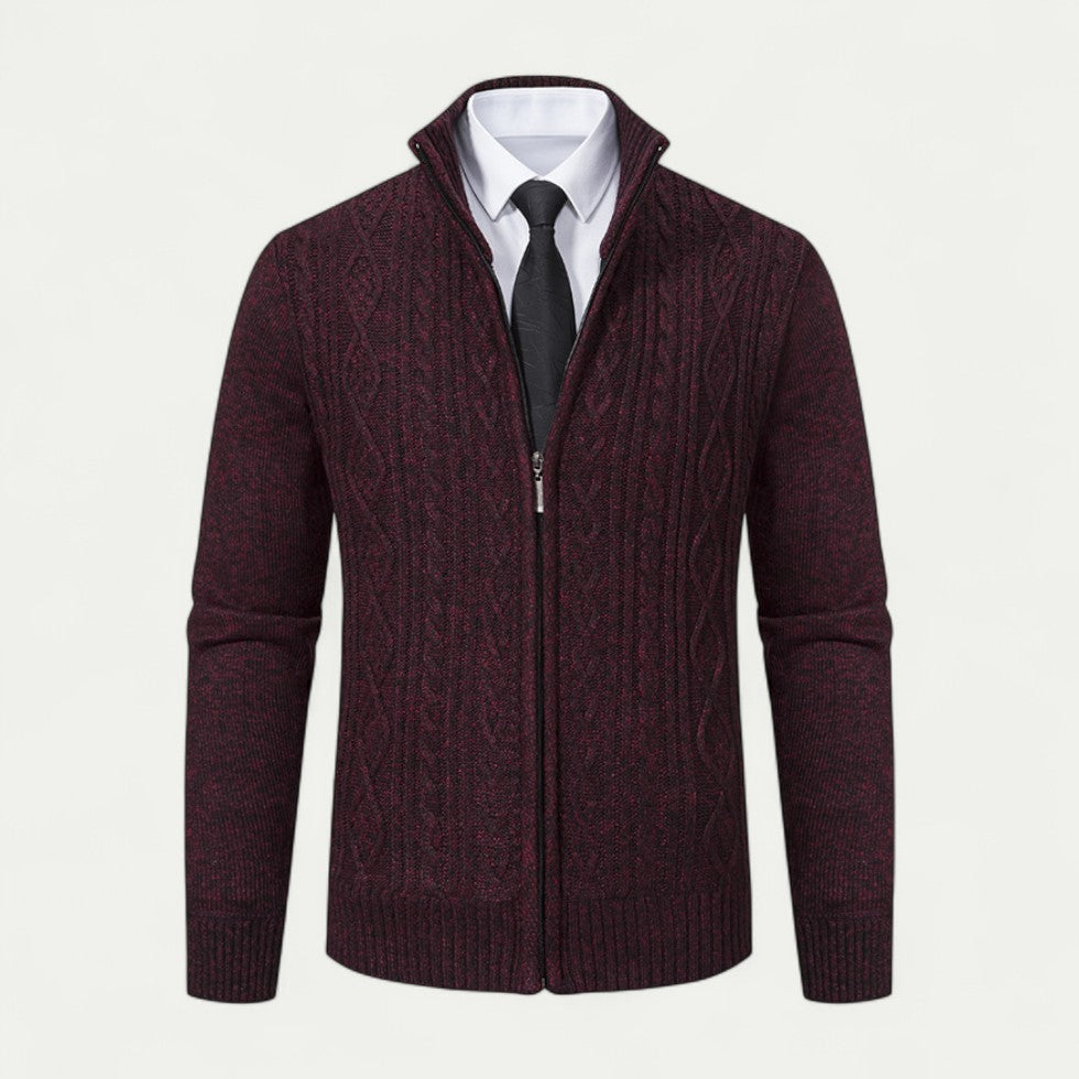 Modern men's knitted zip cardigan. A smart casual essential for versatile layering & fall fashion.