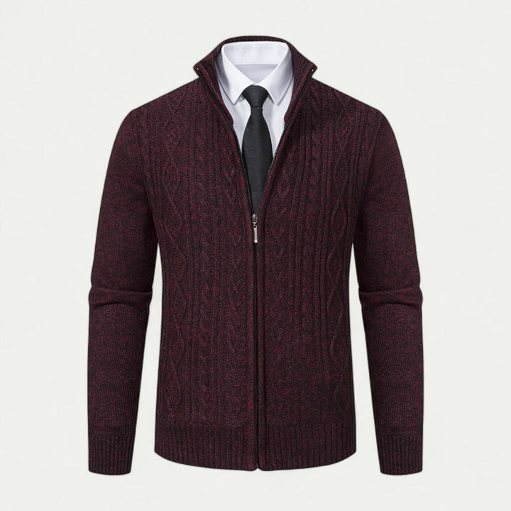 Modern men's knitted zip cardigan. A smart casual essential for versatile layering & fall fashion.
