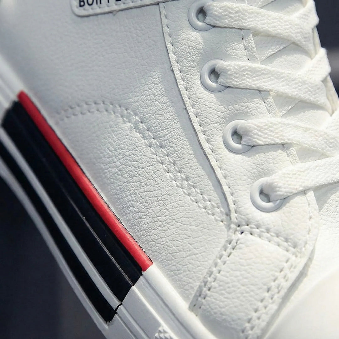 Stylish men's white high-top sneakers with lace-up closure, ideal for casual everyday wear & street style.