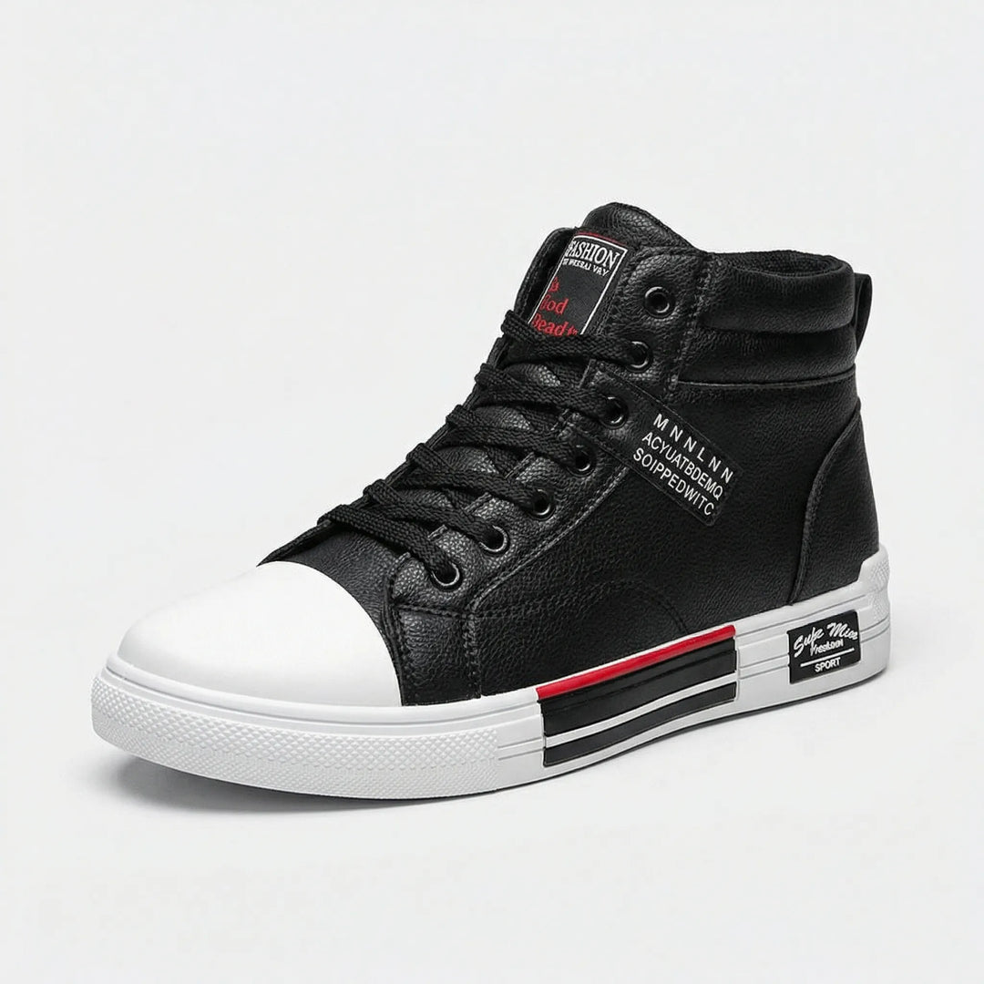 Men's black high-top lace-up sneakers, 'Tommie' model, offering comfort & style for everyday fashion.