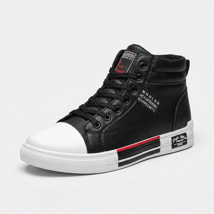 Men's black high-top lace-up sneakers, 'Tommie' model, offering comfort & style for everyday fashion.