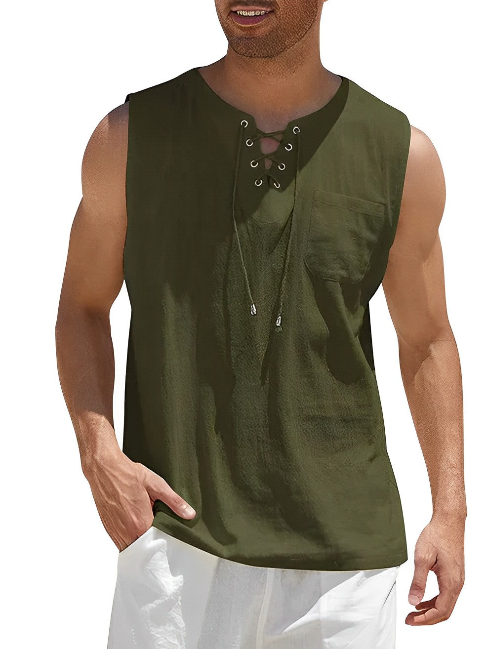 Men's lace-up V-neck tank top, perfect for casual summer style and comfort.