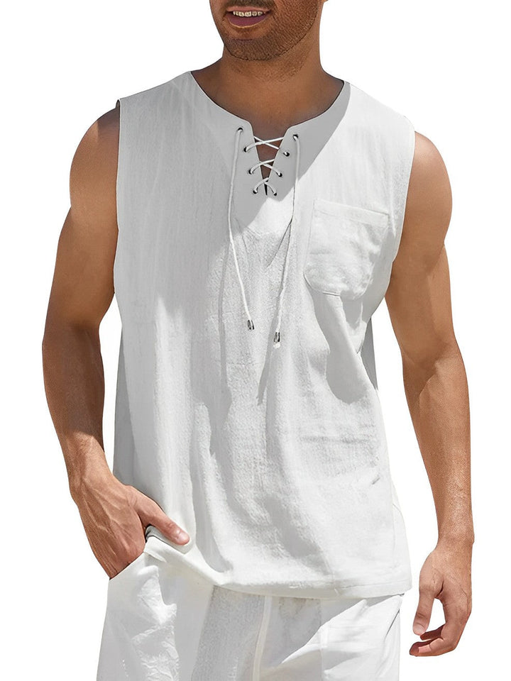 High-quality men's V-neck lace-up tank top, breathable & stylish for any summer occasion.