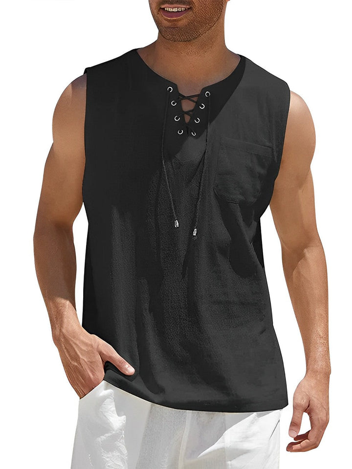 Comfortable men's sleeveless V-neck tank with lace-up detail, ideal for hot summer days.
