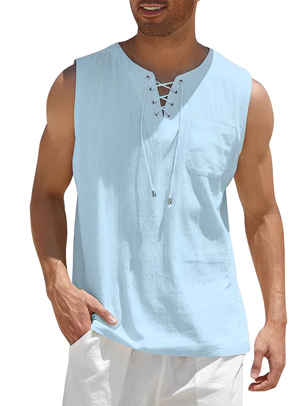Stylish men's lace-up V-neck tank top, great for beach, holiday, and casual summer wear.