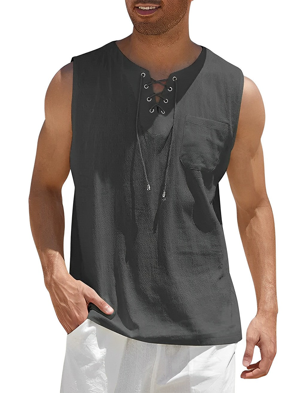 Loose fit men's V-neck lace-up tank top for relaxed summer fashion and outdoor activities.