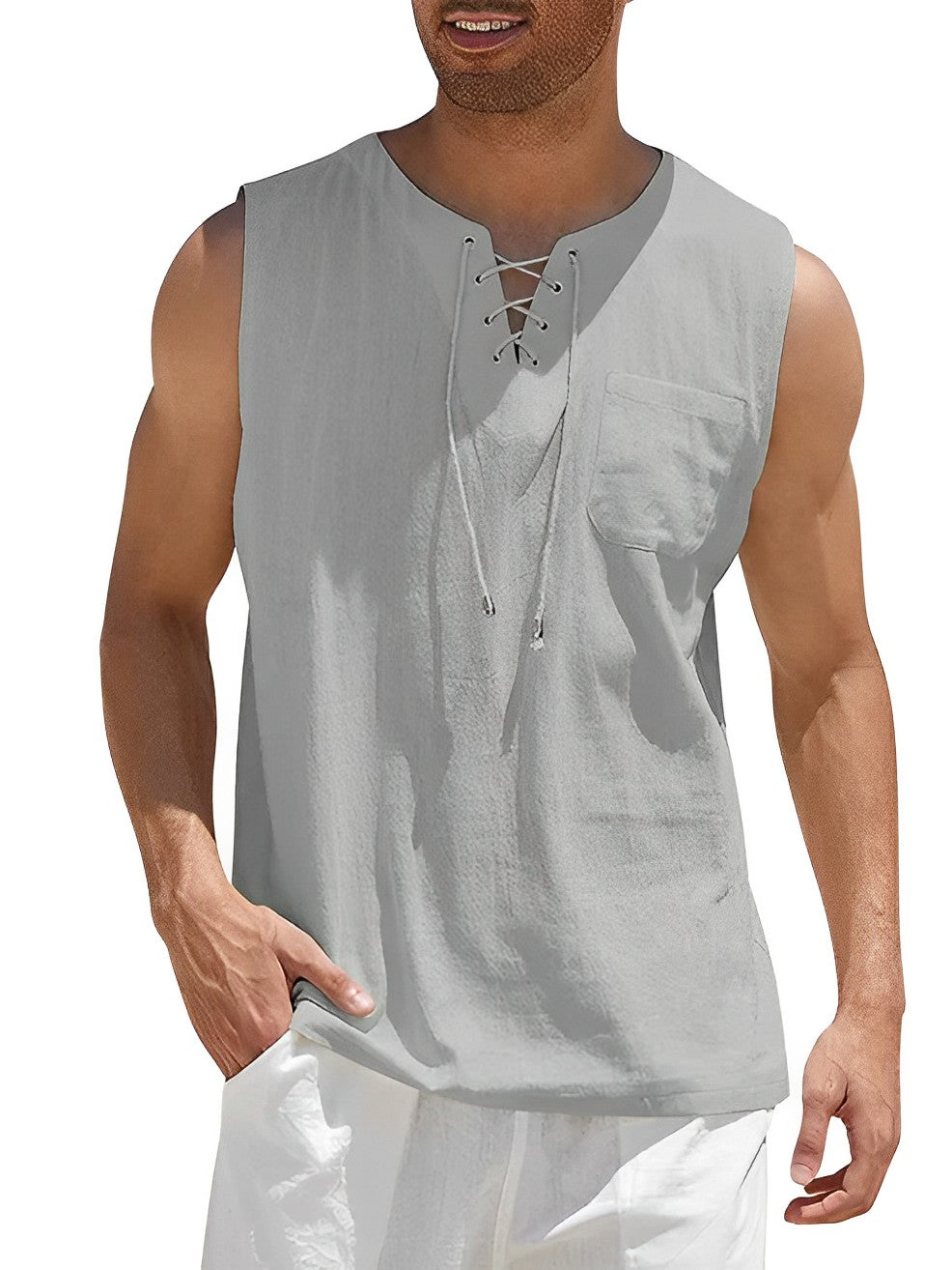 Men's summer lace-up V-neck tank top, comfortable & stylish sleeveless apparel for men.