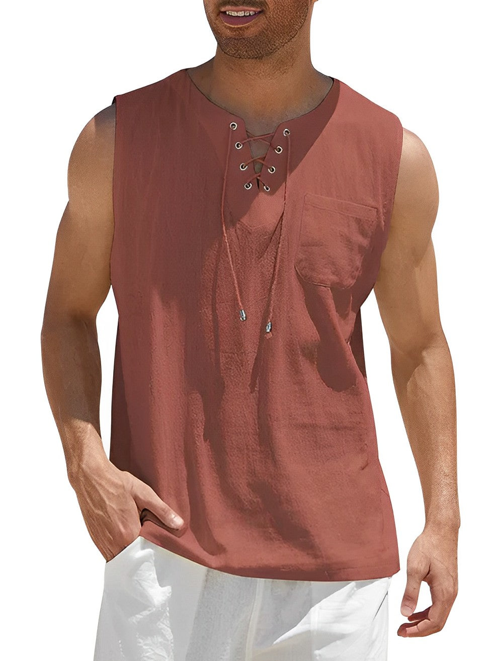 Close-up of a men's V-neck tank top featuring a functional lace-up detail for summer fashion.