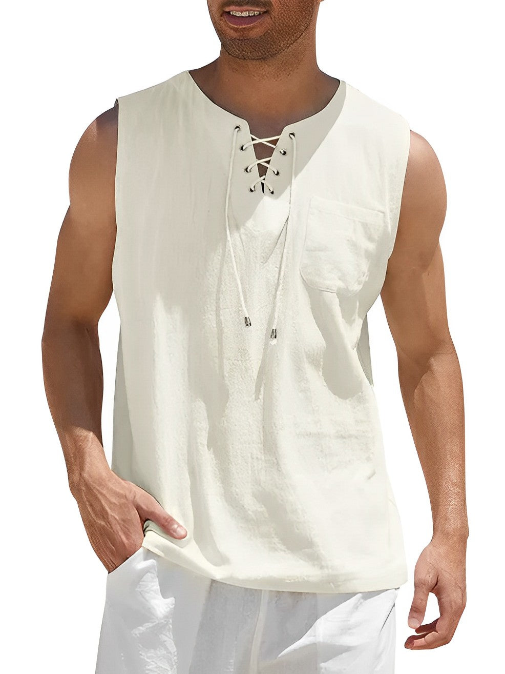 Man enjoying summer in a casual loose fit V-neck lace-up tank top, beach or resort ready.