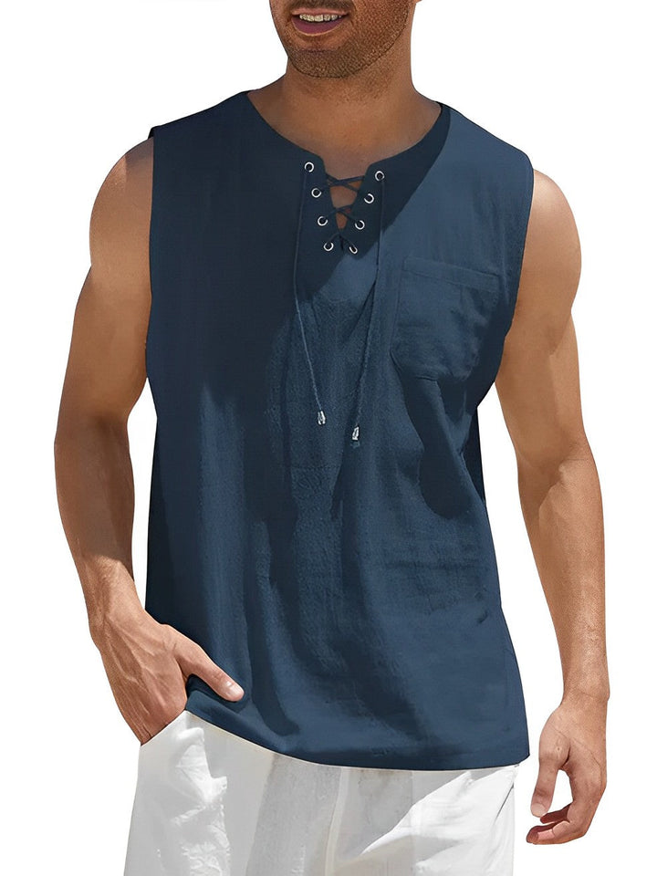 Men's lace-up V-neck tank top for summer, a comfortable sleeveless shirt in breathable fabric.