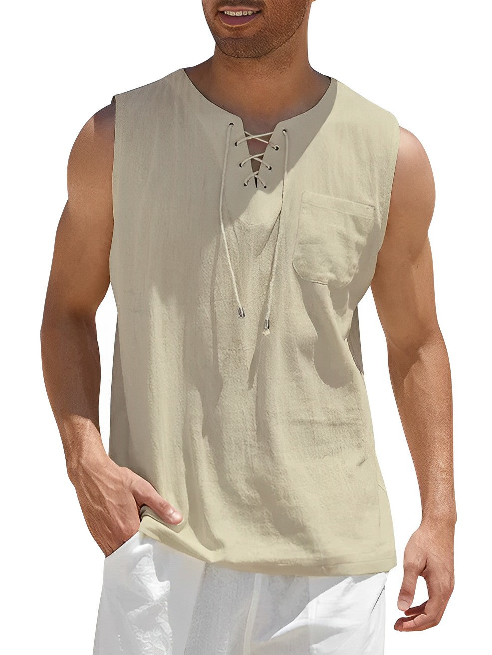 Versatile men's V-neck lace-up tank top, perfect for beach trips or casual everyday summer looks.