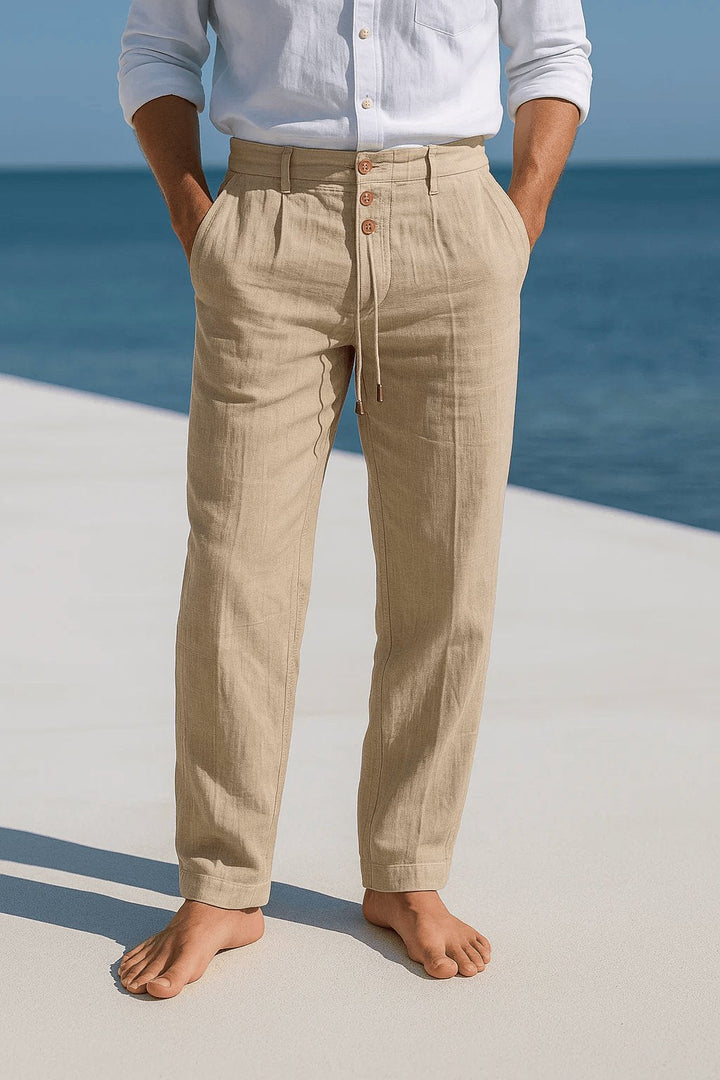 Man wearing stylish lightweight chinos in a casual summer setting, perfect for everyday comfort.