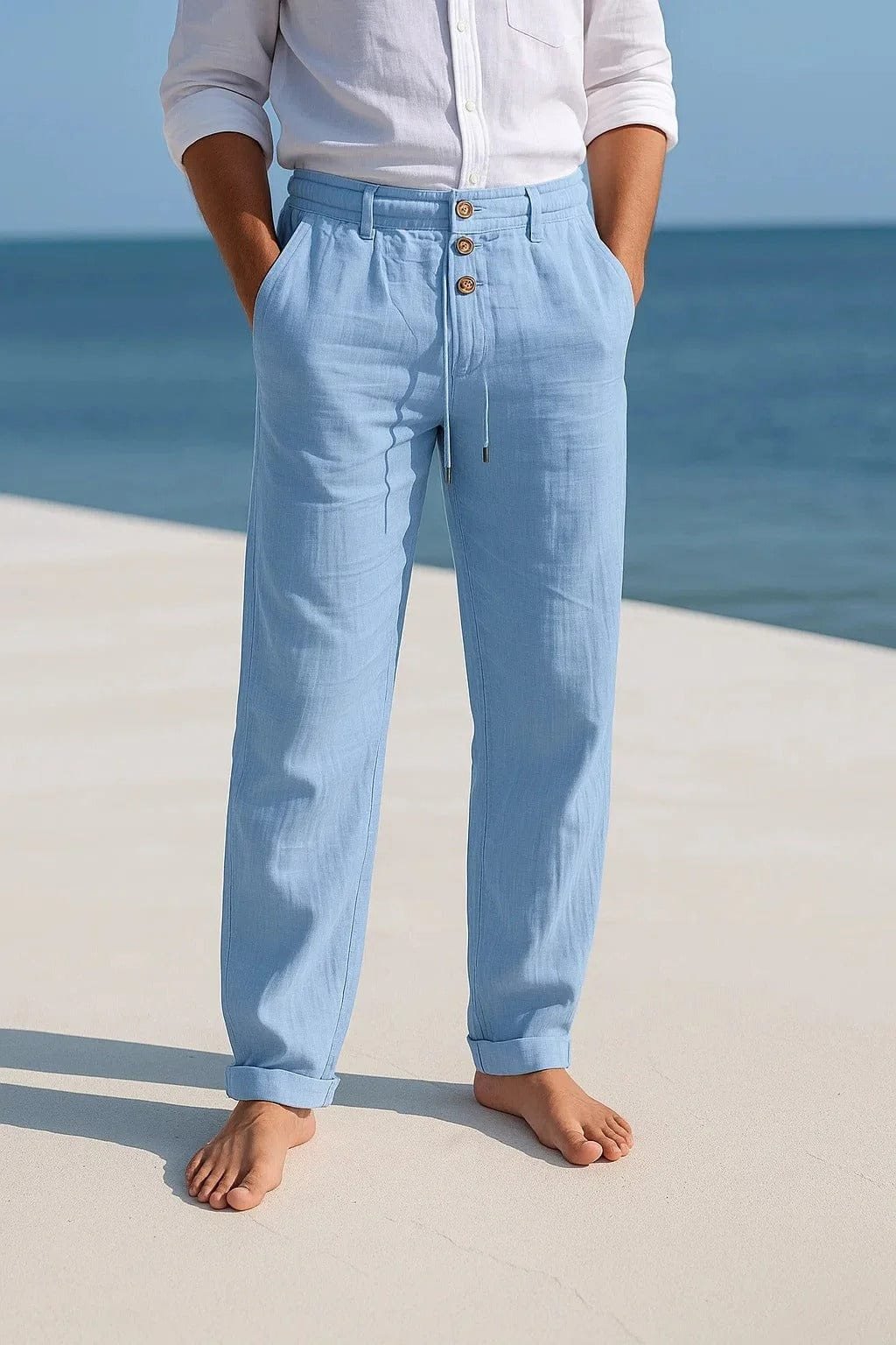 Rear view of men's lightweight chino pants, showing functional pockets and comfortable summer fit.