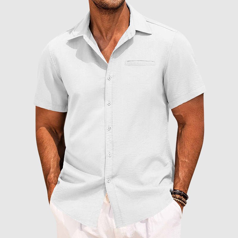 Casual men's short sleeve shirt, button-down with a stylish lapel collar & functional chest pocket. Versatile summer top.