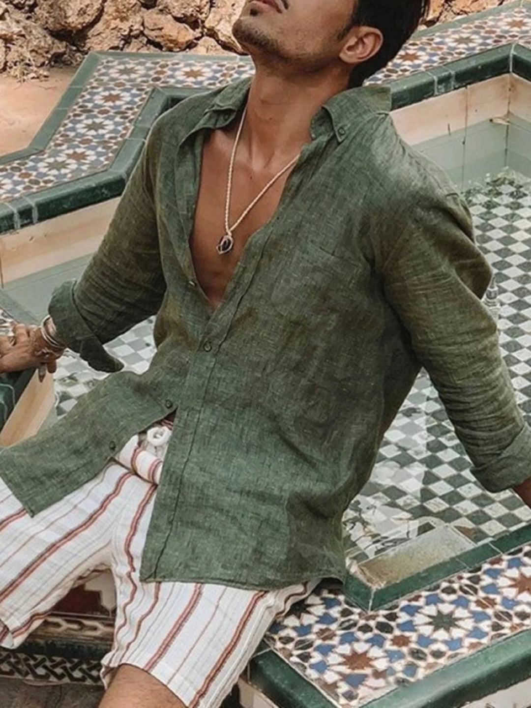 Comfortable men's summer shirt. Lightweight linen button-up with long roll-up sleeves, perfect for warm weather.