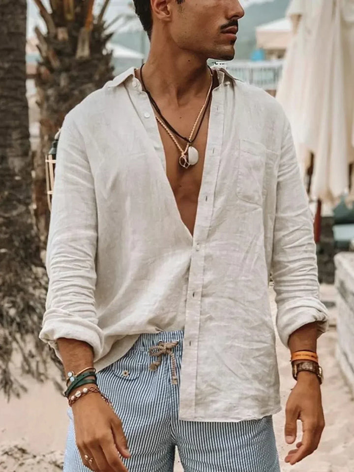 Casual men's lightweight linen button-up shirt. Long sleeves, comfortable and ideal for summer warm weather.