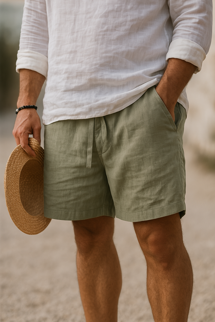 Comfortable men's relaxed fit cotton linen shorts, ideal lightweight casual wear for hot summer days.