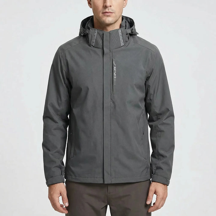 Men's hooded outdoor windbreaker, lightweight softshell jacket for hiking & travel adventures.
