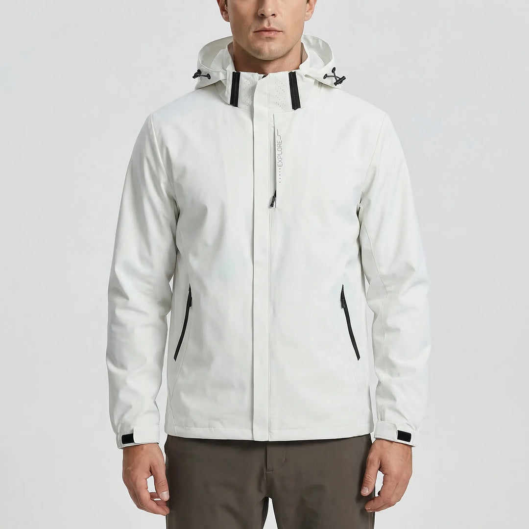 Versatile men's travel jacket, lightweight hooded windbreaker for spring hikes & daily wear.