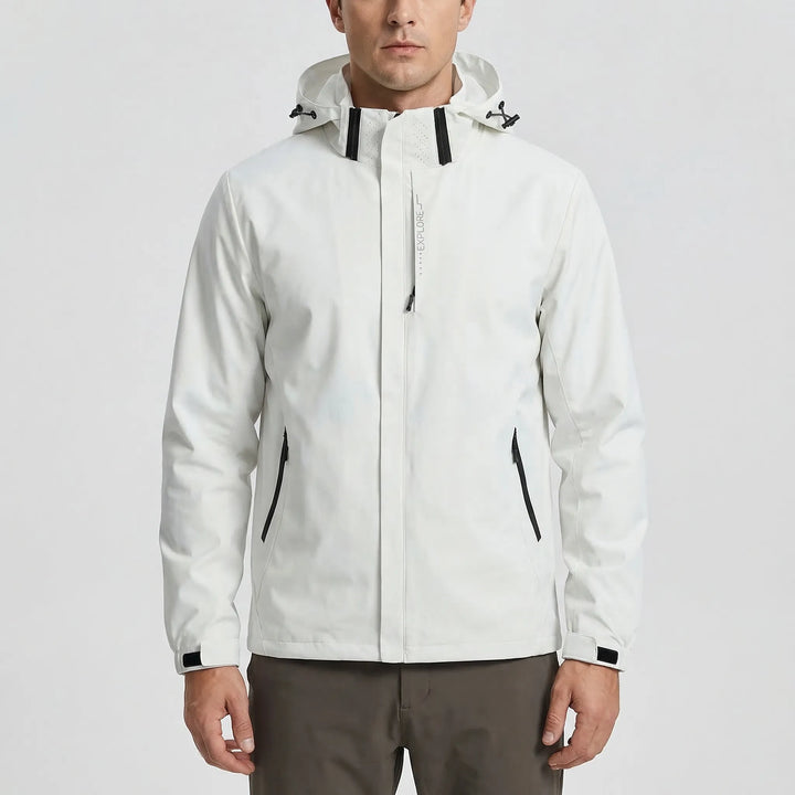 Versatile men's travel jacket, lightweight hooded windbreaker for spring hikes & daily wear.