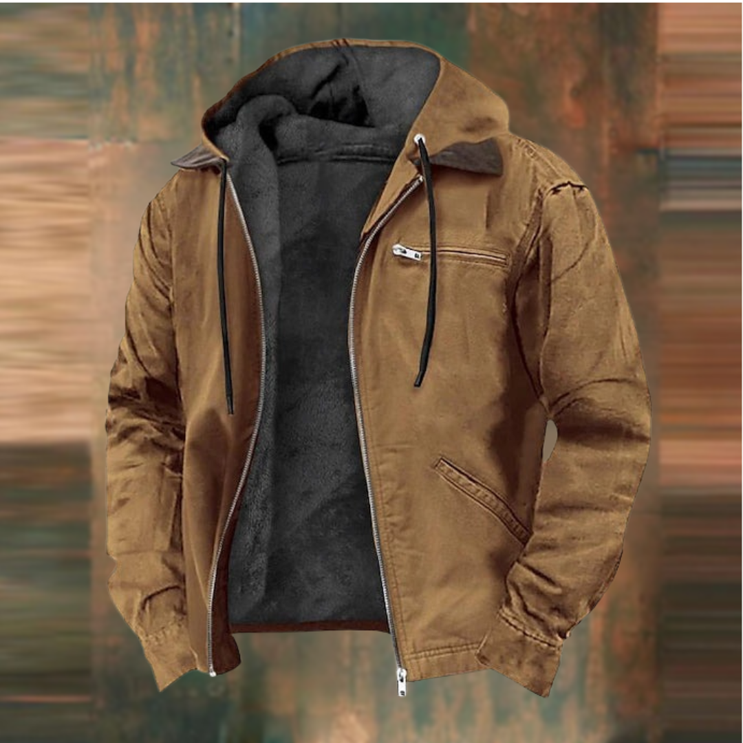 Men's lightweight hooded zip-up jacket in dark grey, ideal for transitional spring & fall casual wear. Front pockets.
