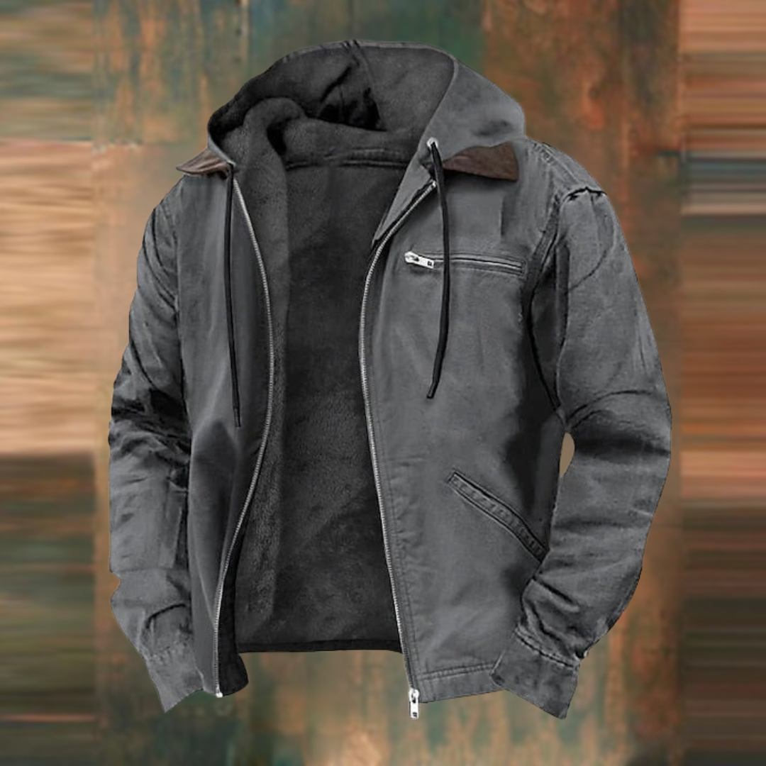 Close-up of a men's lightweight zip-up jacket showing the adjustable hood, durable zipper, and convenient side pockets.