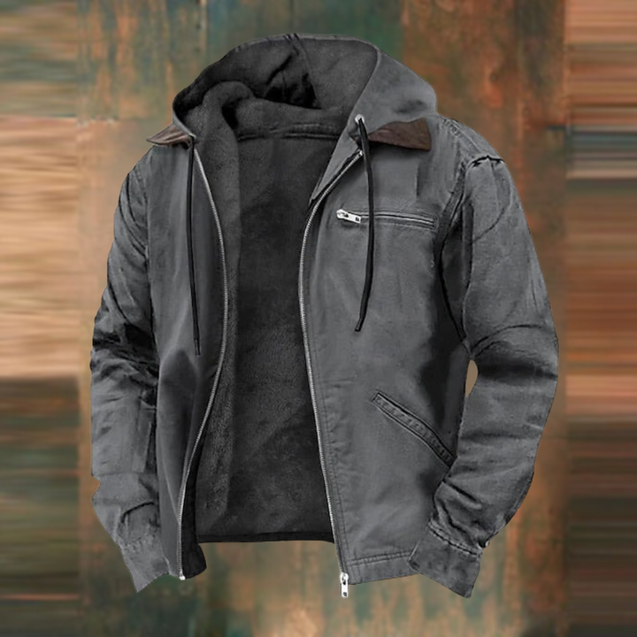 Close-up of a men's lightweight zip-up jacket showing the adjustable hood, durable zipper, and convenient side pockets.
