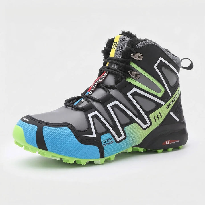 Men's outdoor winter hiking boots, shown navigating snowy terrain, providing essential warmth & grip.