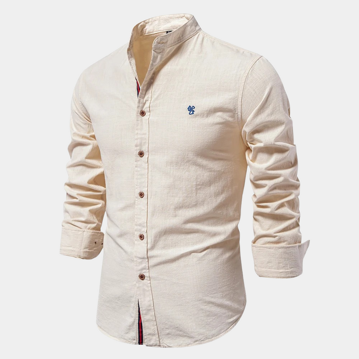 Slim fit men's casual long-sleeve button-down summer shirt for an elegant, modern men's fashion look.