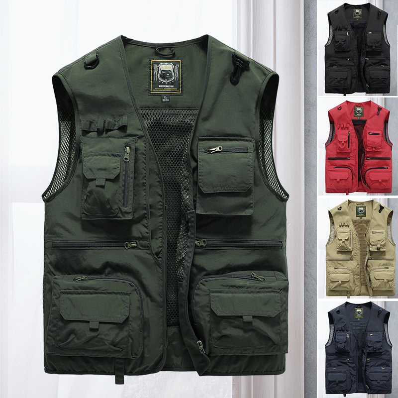 Men's lightweight multi-pocket outdoor vest for hiking, fishing, and utility.