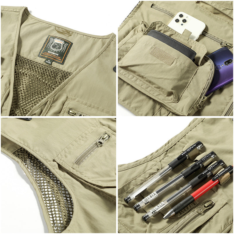 Sleeveless men's utility vest, lightweight with many pockets for outdoor activities.