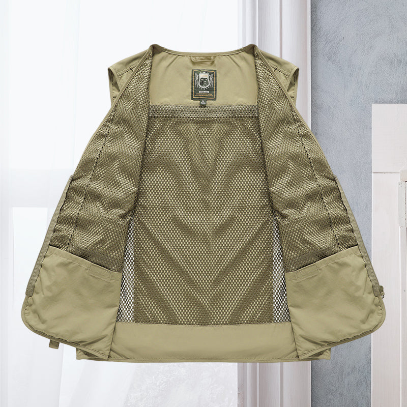 Lightweight men's fishing vest with ample multi-pockets for gear storage.