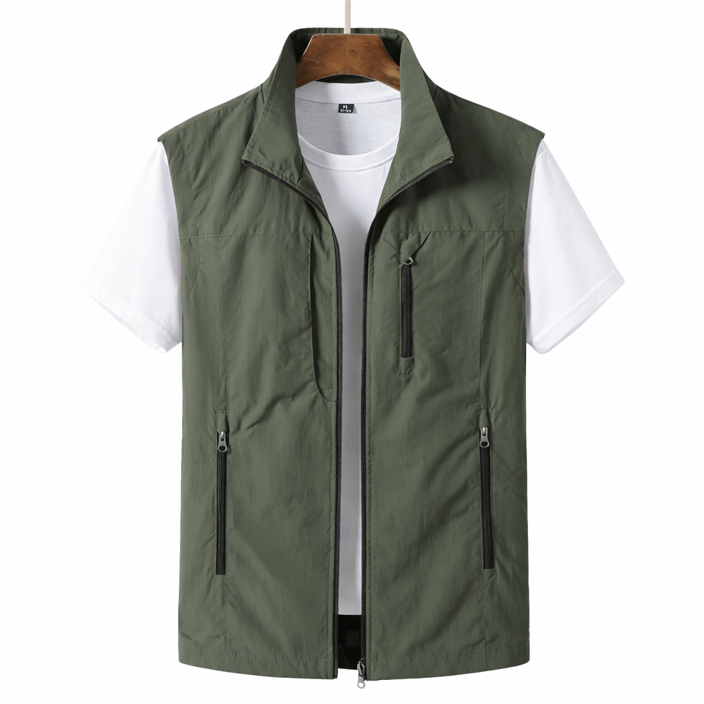 Men's lightweight multi-pocket utility vest for summer outdoor activities. Casual zip-up sleeveless design.